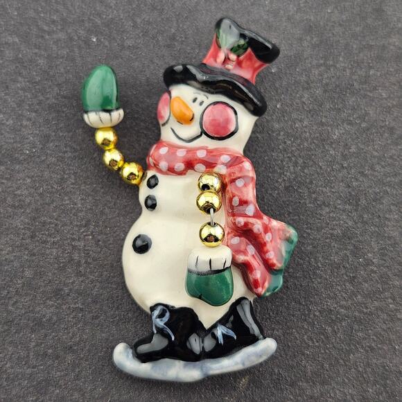 Snowman Brooch Pin Cutesy Frosty Hat Scarf Waving Arm Holiday Winter Christmas - Picture 1 of 4